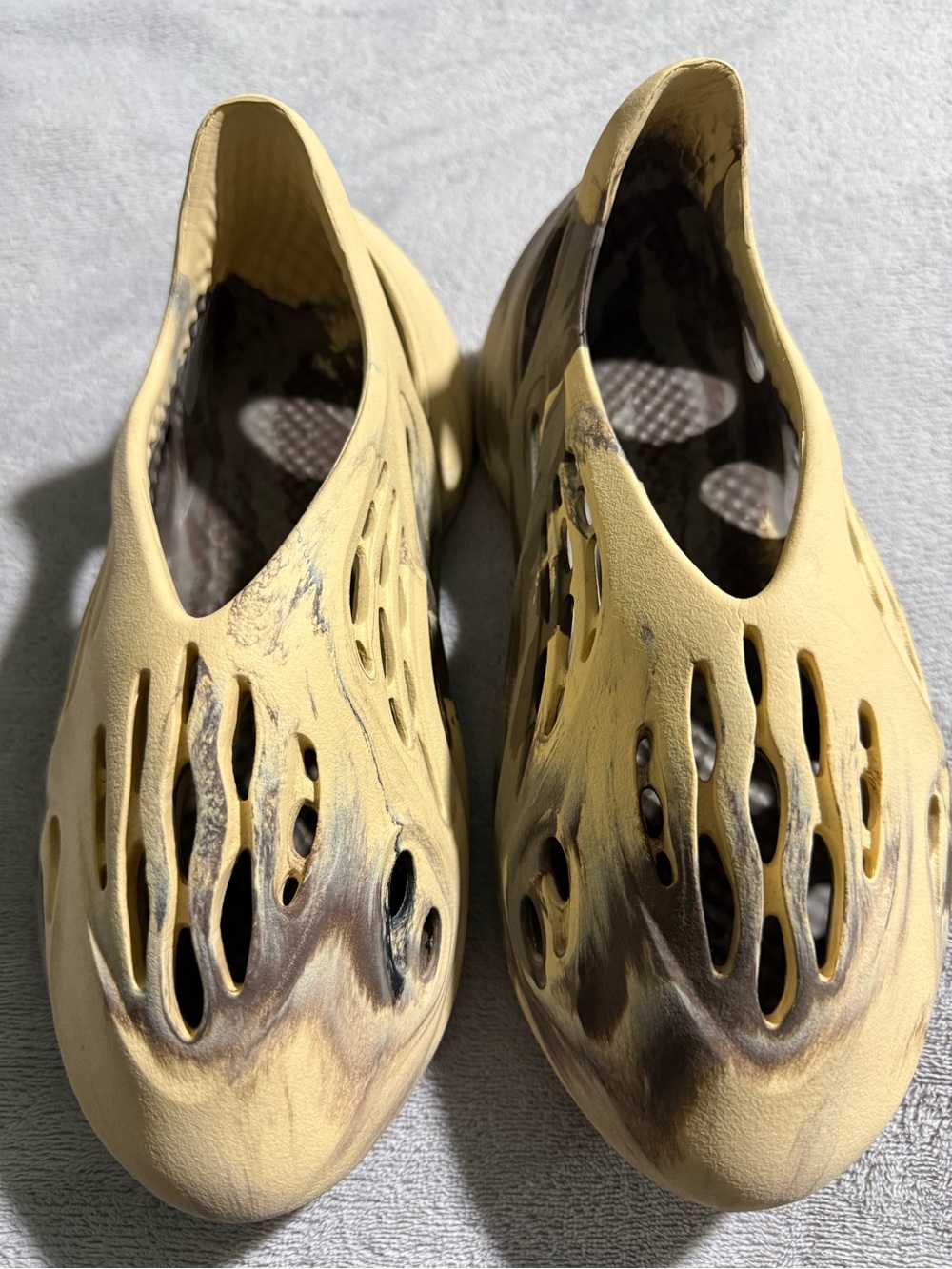 adidas-YezzyWomen's Slip-On Foam Clogs in Pale Yellow with Brown Marbled Accents
